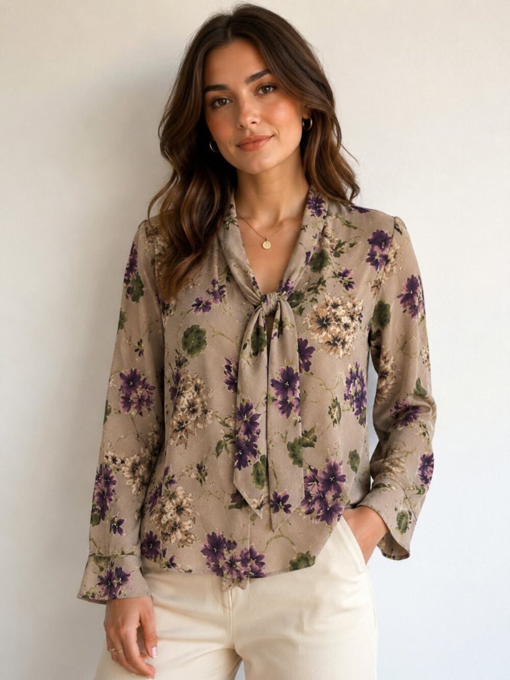 Kate Hill Silk Beige Purple Floral Blouse Bow Tie Romantic Cottagecore Women’s
